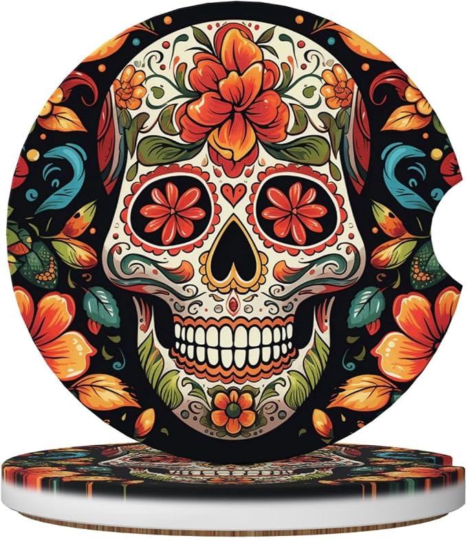 2 Pack Car Cup Coasters,Ceramic Absorbent Car Coaster for Cup Holders Universal Non-Slip Cup Mat with Finger Notch Colorful Sugar Skull Car Interior Accessories 2.56" - skull coaster