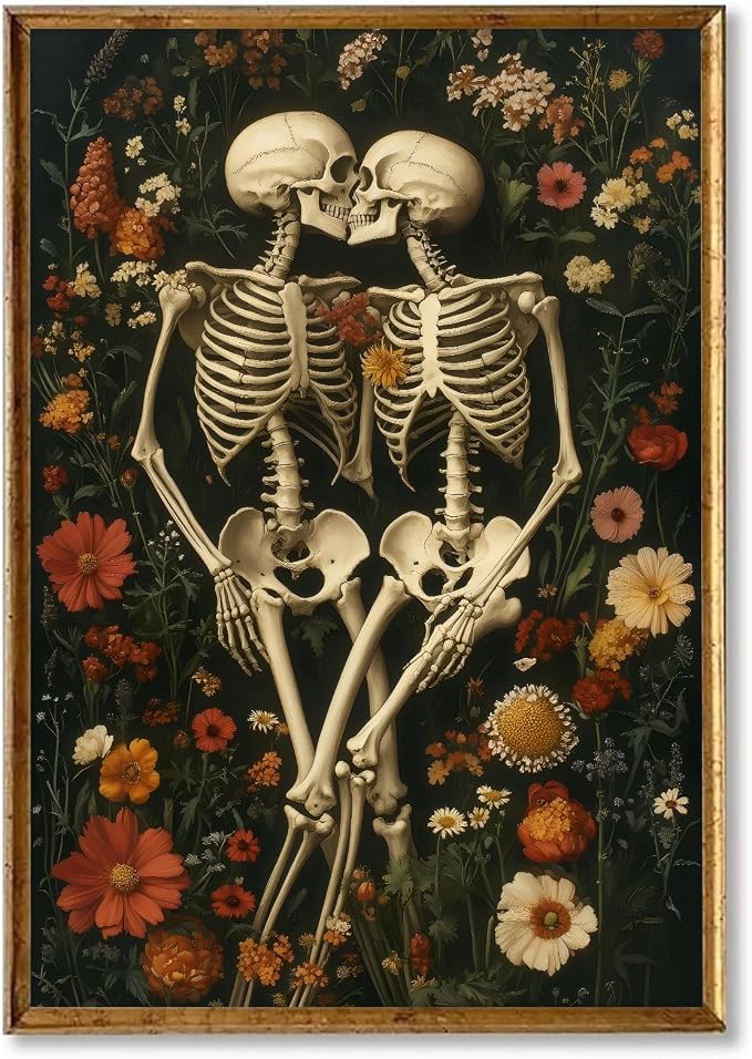 Skeleton Flower Canvas Wall Art Spooky Romantic Artwork Skull Aesthetic Picture Vintage Canvas Skeleton Couple Wall Art Dark Academia Artwork Gothic Dark Picture Decor Living Room 16x24inch No Frame - skull wall art