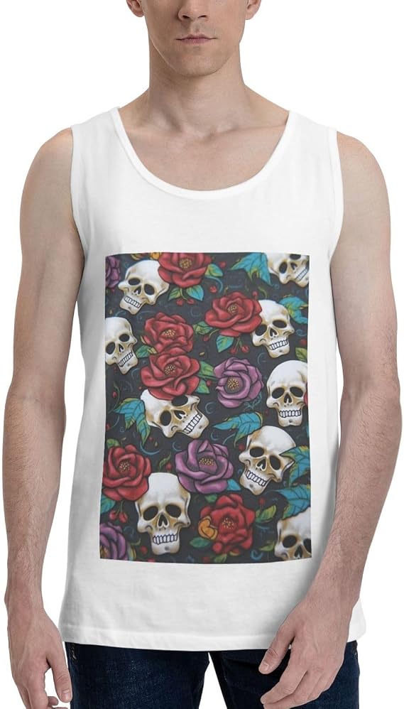 Sugar Skull Flowers Men's Tank Tops Moisture-Wicking Cotton Sleeveless Shirts Casual Gym Workout Tank Shirt - skull tank tops