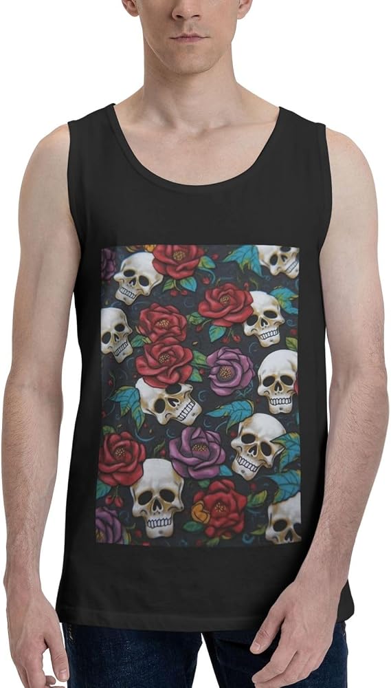Sugar Skull Flowers Men's Tank Tops Moisture-Wicking Cotton Sleeveless Shirts Casual Gym Workout Tank Shirt - skull tank tops