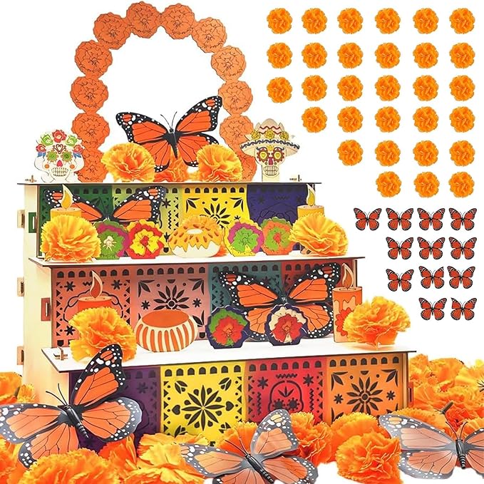 Dia De Los Muertos Altar Ofrenda Kit with Marigold Flowers & Butterflies - skull plate