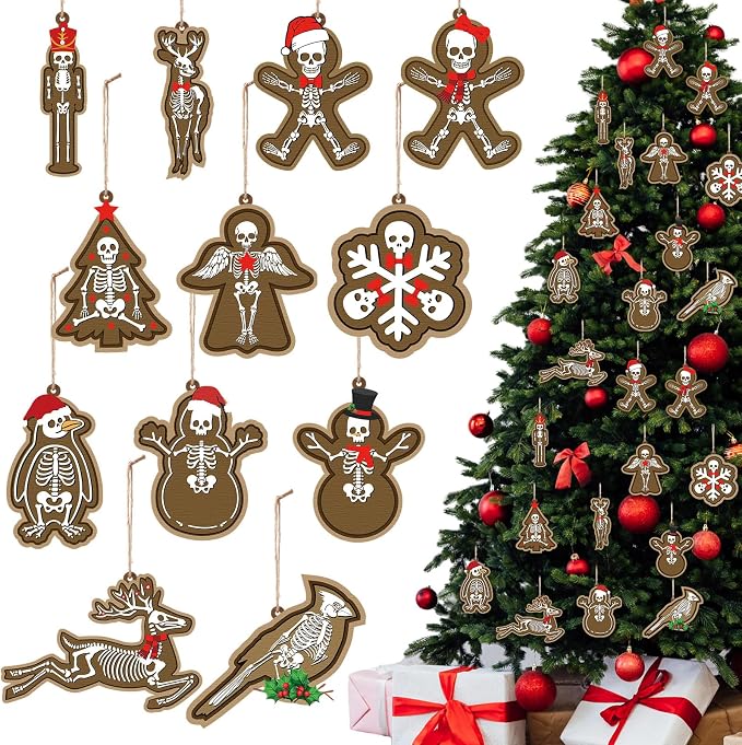 AceOrbit 24 Pcs Gothic Christmas Ornaments Skeleton Gingerbread Tree Decor - skeleton
