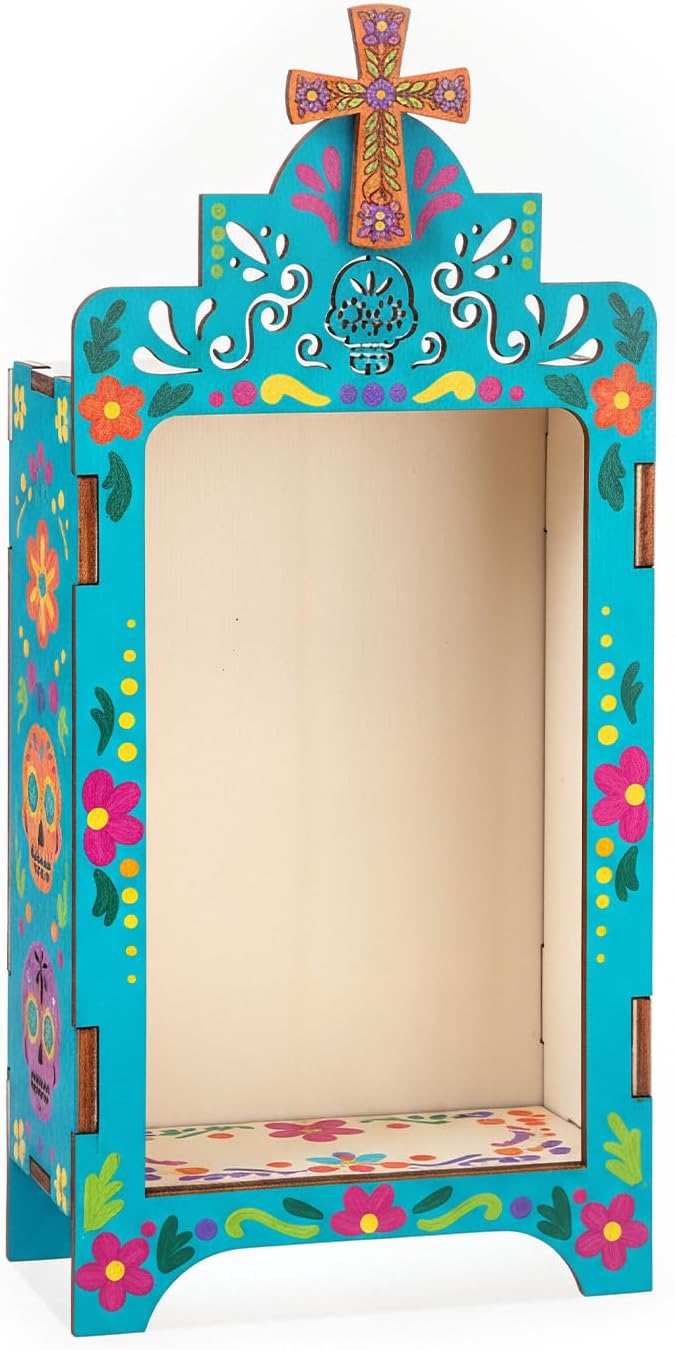 Leinuosen Small Dia De Los Muertos Altar Ofrenda Box Plywood Self Painting Colorful Skull with Cross Papel Picado Shadow Box for Day of The Dead Supplies (2.36 x 1.5 x 4.65 Inch) - skull carpet