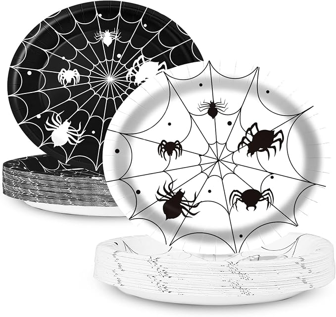 Halloween Spider Web Oval Paper Plates 10’’ x 12’’,Large Disposable Black White Spiderweb Tableware for Halloween Party Table Decor Supplies Tea Party Supplies,50 Guest - skull plate