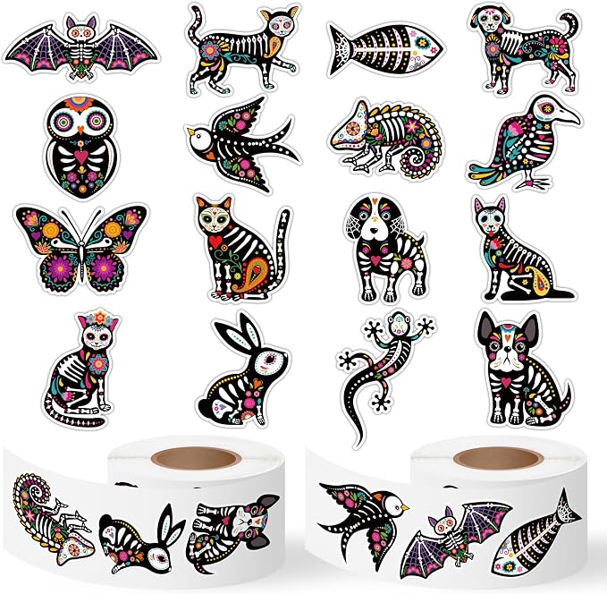 Day of the Dead Roll Stickers- 1000Pcs Sugar Skull Decals for Kids - skull sticker