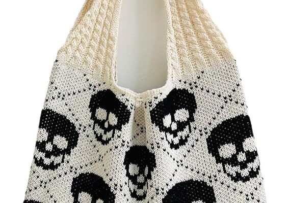 Women Goth Skull Pattern Knit Tote Bag Novelty Funny Y2k Crochet Hobo Shoulder Handbag Halloween Spooky Accessories