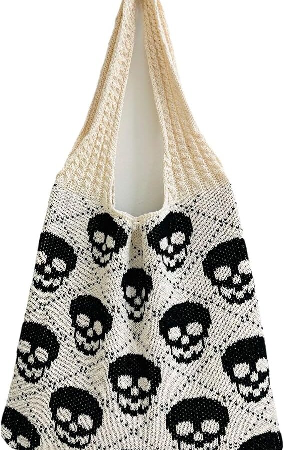 Women Goth Skull Pattern Knit Tote Bag Novelty Funny Y2k Crochet Hobo Shoulder Handbag Halloween Spooky Accessories - sugar skull handbags for sale