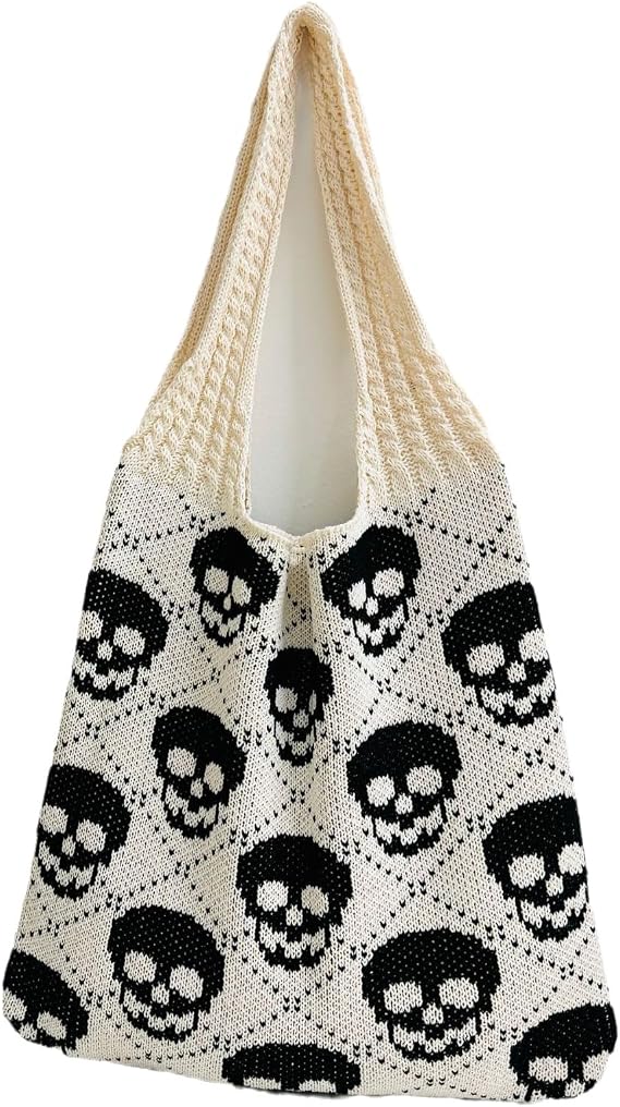 Women Goth Skull Pattern Knit Tote Bag Novelty Funny Y2k Crochet Hobo Shoulder Handbag Halloween Spooky Accessories