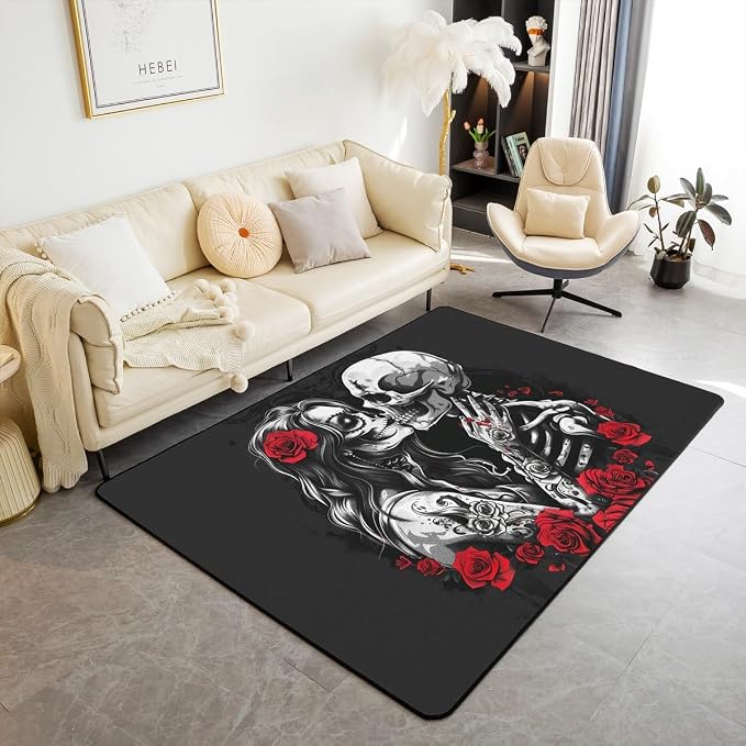 Erosebridal Gothic Couple Skull Area Rug 3x5 Skeleton Bones Rug for Bedroom - skull floor mat
