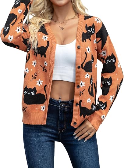 Halloween Cat Cardigan Sweaters for Women Black Cat Button Down Sweater - skull jacket
