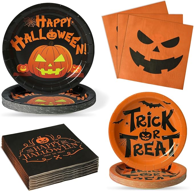 96Pcs Halloween Plates and Napkins for 24, Halloween Party Supplies - skull plate