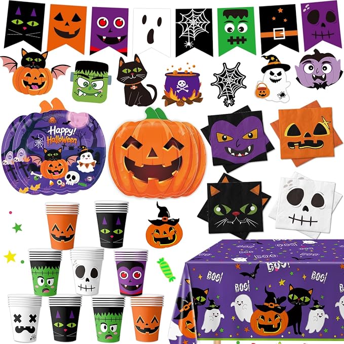 74 PCS Halloween Party Supplies Pumpkin Shaped Disposable Plates, Napkins, Cups, Banner, Tablecloth for Halloween Birthday Baby Shower Decorations, Serves 24 - skull plate