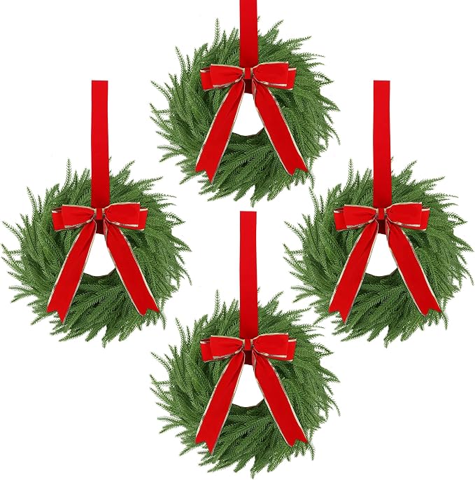 4 Pcs Christmas Wreaths for Front Door, 15 Inch Fluffable Artificial Norfolk Pine Wreath with Red Bow, Easy to Shape for Full & Lush Look, Indoor Outdoor Holiday Décor - skull wreath