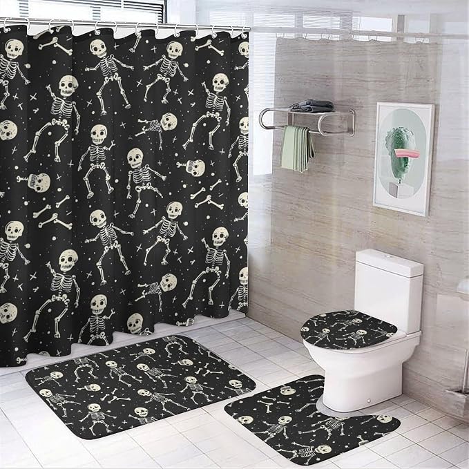 4 Pcs Bathroom Sets with Shower Curtain and Rugs - Fashion Cute Cartoon Skull Print Bathroom Mat Set Decor Accessories for U Shape and Toilet Lid Cover Mat with 12 Hooks - skull toilet mat