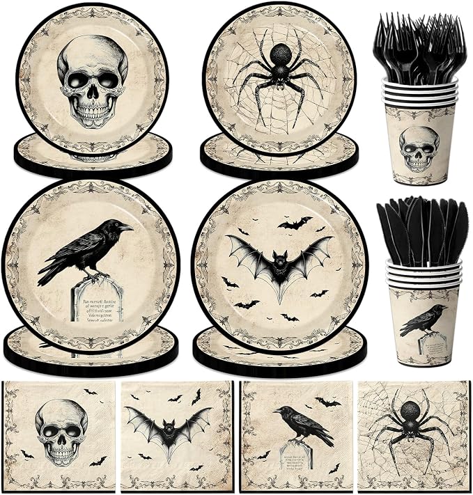 Vintage Halloween Plates and Napkin - 144Pcs Bat Spider Crow Skull Spooky Theme Tableware Set,Gothic Halloween Party Supplies - skull plate