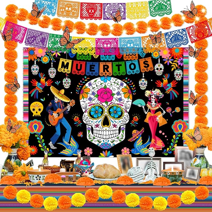 Day of The Dead Decorations - Dia De Los Muertos Ofrenda Set Include Mexican Sugar Skull Backdrop, Tablecloth, Marigold Flowers and Felt Papel Picado - skull plate