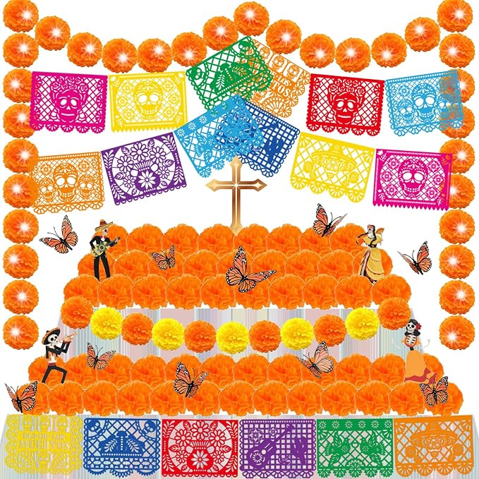 Dia De Los Muertos Decorations - Day of The Dead Set Include Marigold Flowers, Felt Papel Picado, 3D Butterfly Wall Stickers,Ofrenda Decorations for Altar - skull sticker