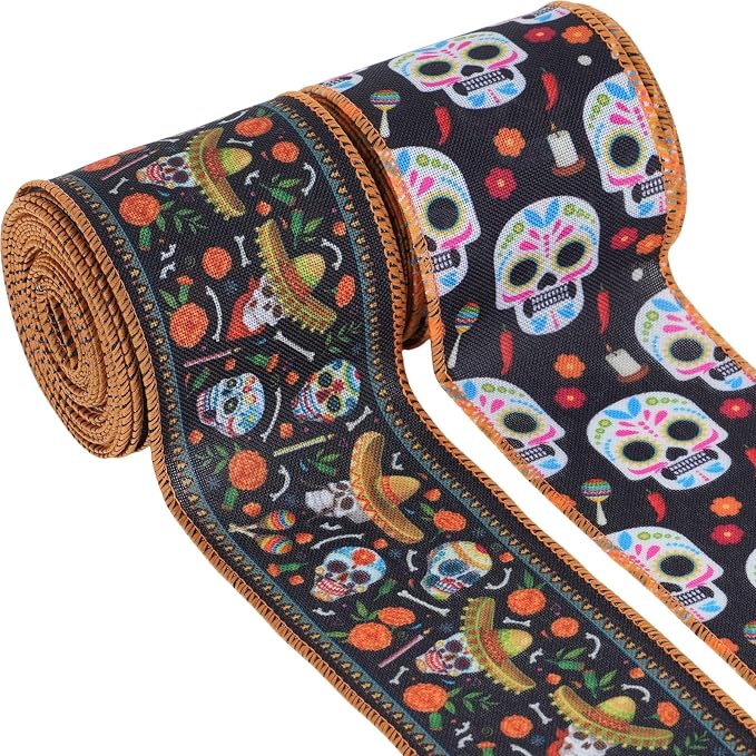 Day of The Dead Sugar Skull Ribbon 2.5" Mexican Burlap Wired Edge 2 Rolls 10 Yards Dia de Los Muertos Halloween Wreath Bow Making Decorations - skull candle