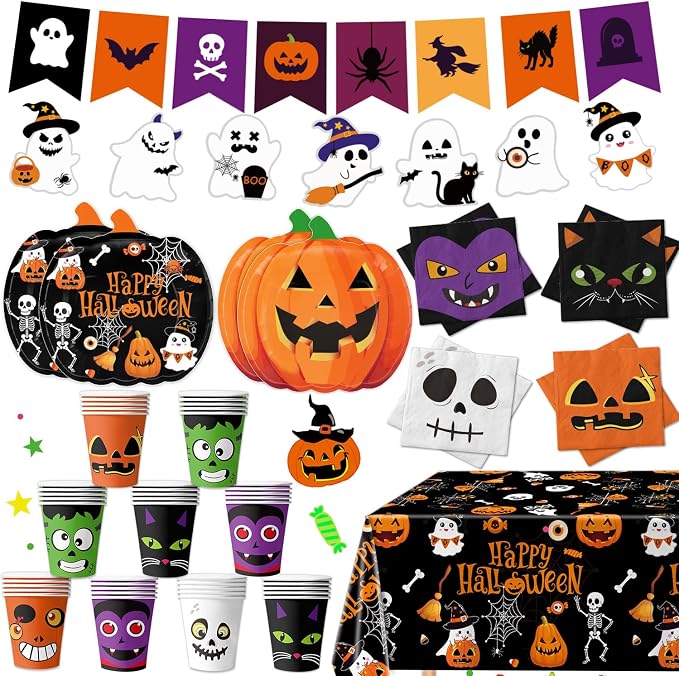 Halloween Party Supplies Kit Includes Pumpkin Shaped Disposable Plates, Napkins, Cups, Banner, Tablecloth for Halloween Birthday Baby Shower Decorations, Serves 24 - skull plate