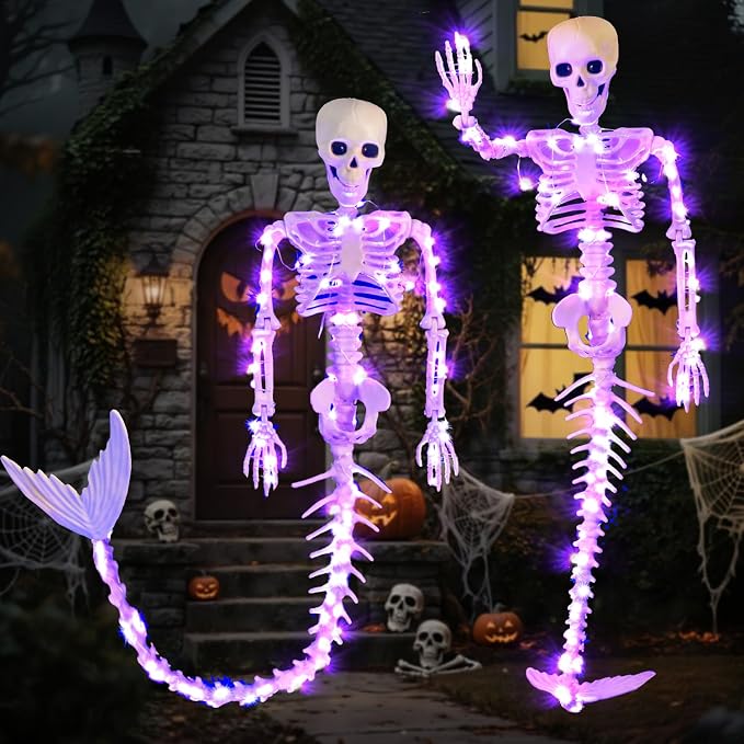 2 Pack 33 Inches Purple LED Mermaid Halloween Skeleton Pose-N-Stay Posable Movable Jonints Hanging for Halloween Decoration Decor Spooky Scene Party Favors - skeleton