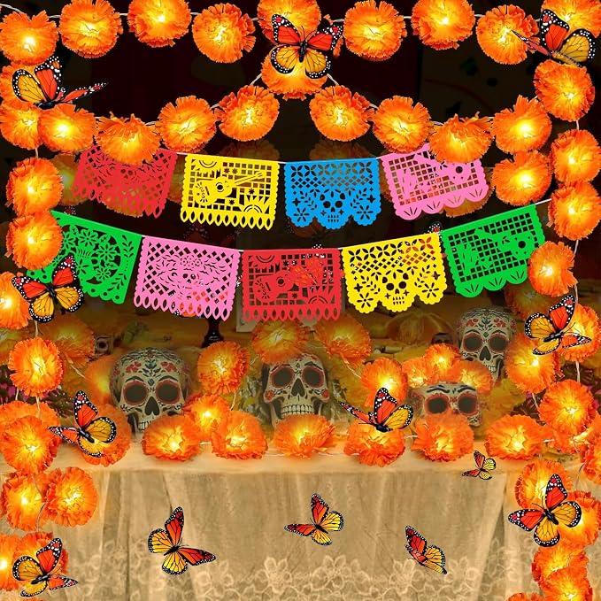 2 Pack Marigold Garland Day of The Dead Decorations Set, Total 20Ft 40 Lighted Artificial Marigold Flowers 24 Butterfly and 9 Plastic Papel Picado for Dia De Los Muertos Indian Diwali Altar Decor - skull figurine