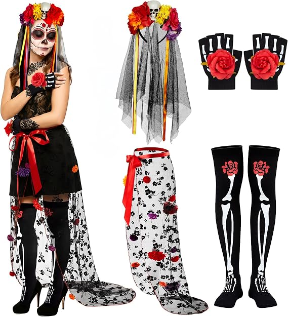 Hercicy 4 Pcs Day of The Dead Costumes for Women - sugar skull makeup