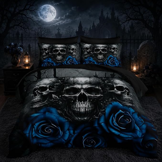 Black Skull Comforter Set 7 Piece Full Size Bed in A Bag,Goth Bedding for Room Decor,Soft Western Comforter Boho Hippie Bedding with Fitted Sheet,Flat Sheet, Pillowcases & Shams