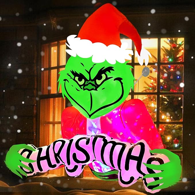 4.5ft Christmas Inflatable Outdoor Decorations Green Monster Broke Out from Window with Built-in LED Rotating Lights Blow Up Inflatable for Christmas Decoration Indoor Yard Lawn Garden Xmas Decor - skull inflatable