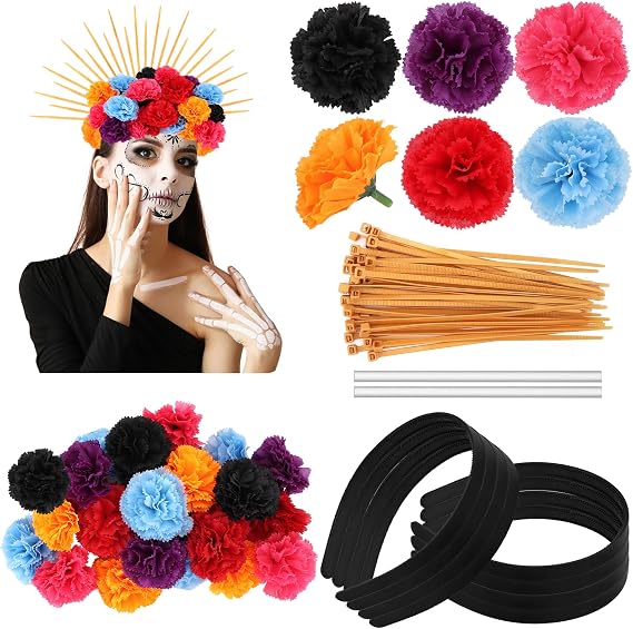 290 Pcs Day of the Dead Floral Headpiece DIY Mexican Flower Halo Crown Headband for Women Halloween Cosplay Hair Accessories - skull headband
