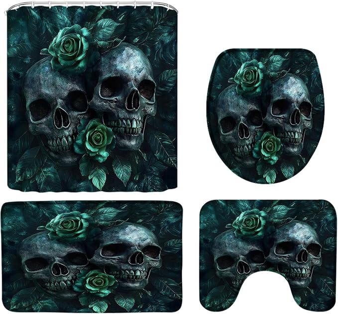 4PCS Skull Floral Shower Curtain Set Spooky Halloween Gothic Skeleton Scary Black Green Flower Vintage Dead Day Horror Holiday Bath Mats,Toilet Cover,U-Shaped Toilet Mat - skull toilet mat
