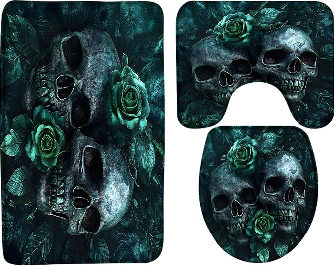 3PCS Skull Floral Bath Mat Set Spooky Halloween Gothic Skeleton Scary Black Green Flower Vintage Dead Day Horror Holiday Bathroom Bath Mat，U-Shaped Contour Rug and Toilet Lid Cover - skull toilet mat