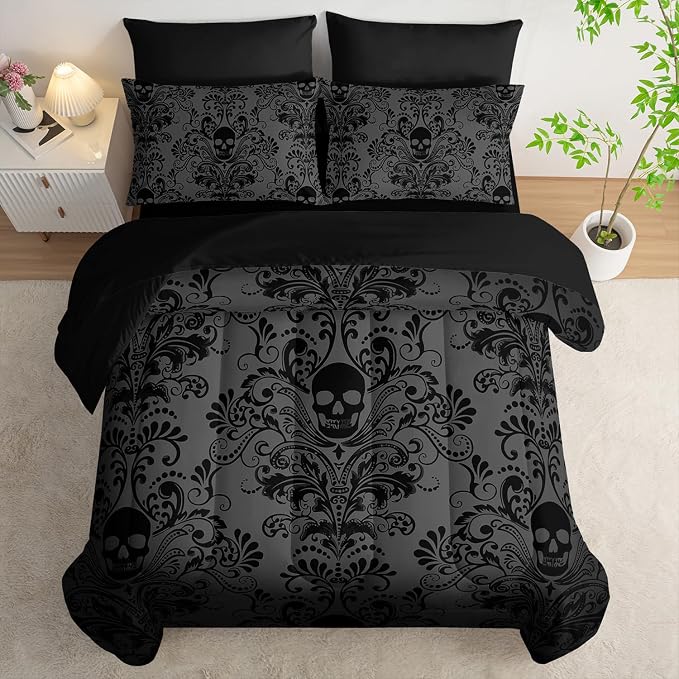 Black Skull Comforter Set 7 Piece Queen Size Bed in A Bag,Goth Bedding for Room Decor,Soft Western Comforter Boho Hippie Bedding with Fitted Sheet,Flat Sheet, Pillowcases & Shams