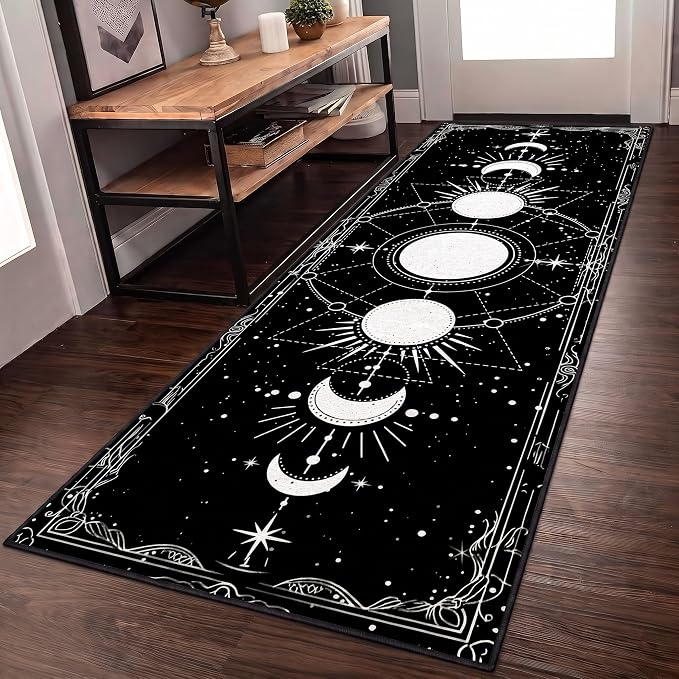Sun and Moon Runner Rug, 2x6ft, Boho Moon Phase Celestial Night Sky Witchcraft Sun Moon Gothic Area Rugs, Lightweight Easy-Washing Meditation Floor Mat for Hallway Entryway - skull carpet