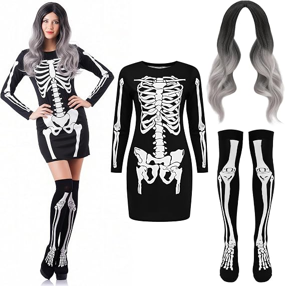 Tatuo 3 Pcs Halloween Skeleton Costume Dress Stockings Wig - sugar skull dress