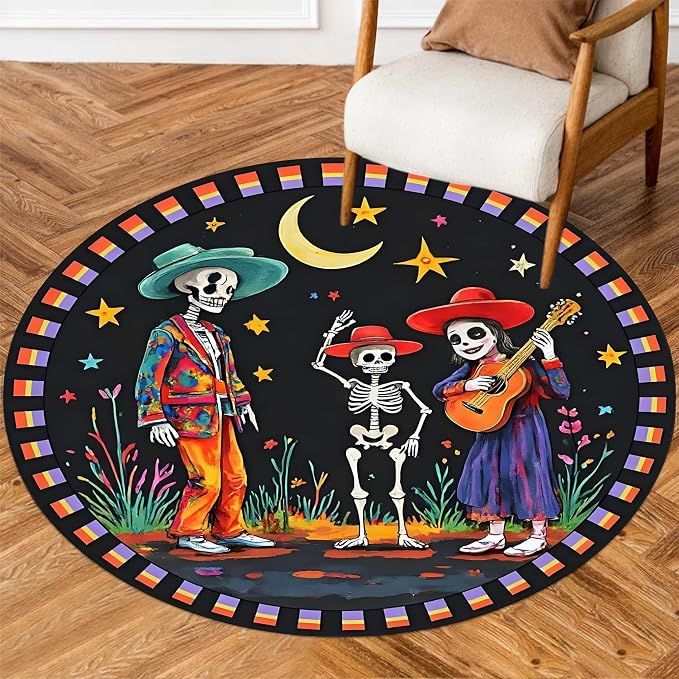 Mexican Skull Music Round Area Rug,3ft Halloween Soft Non Skid Carpet,Indoor Easy Clean Washable Rug,Day of The Dead Circle Floor Mat,for Living Room Kitchen Bathroom Home Decor Carpet - skull toilet mat