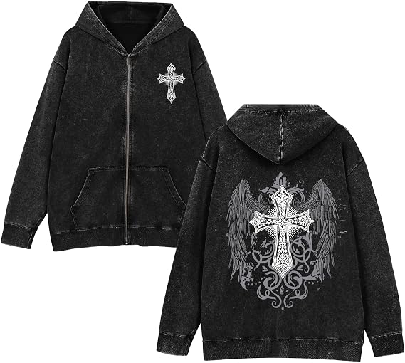 Vintage Goth Punk Zip Up Hoodies for Men Grunge Streetwear Oversized Gothic Cross Graphic Acid Wash Sweatshirt Tops - skull jacket