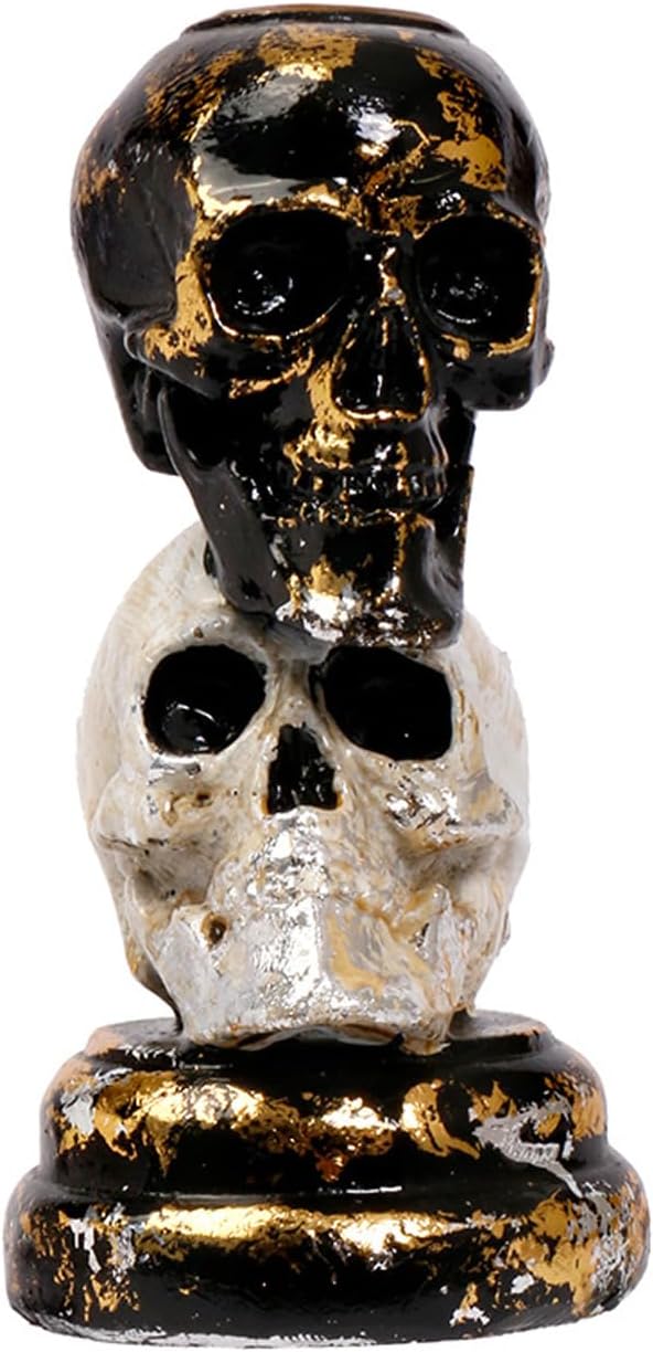Halloween Skull Candle Holder, Black & White Resin Skull Candle Stand for Table Decor, Spooky Party Supplies, Gothic Home Decoration (2.48 x 2.48 x 7.17 Inches) - skull candle