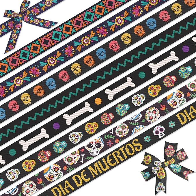 YKW Day of the Dead Ribbon 8 Pack - 24 Yards Dia de Muertos Ribbons Set, 3/8 Inch Sugar Skull Grosgrain for Crafts Halloween Mexican Cultural Celebration Decorations - skull sticker