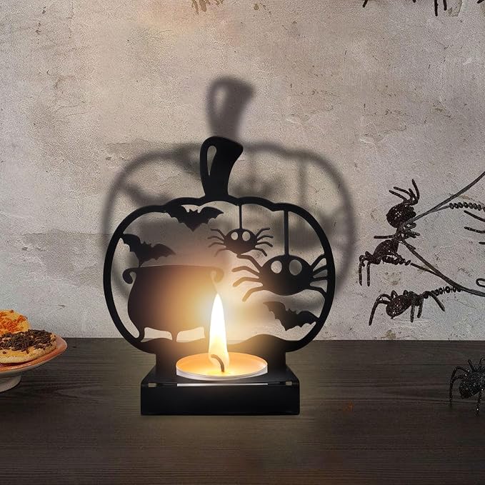 Halloween Shadow Candle Holders Pumpkin Spider Candle Shadow Spooky Metal Candlestick Holders Decorations Vintage Tealight Candle Holders with Shadow for Halloween Party Supplies - skull candle