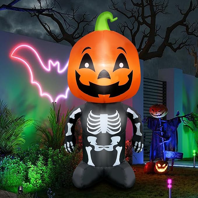 4FT Halloween Inflatable Decoration Skeleton with Pumpkin Head and Smiling Face – Lighted Blow-Up Indoor Outdoor Decoration Halloween Prop for Lawn, Garden, Porch, Party, or Haunted House - skull inflatable
