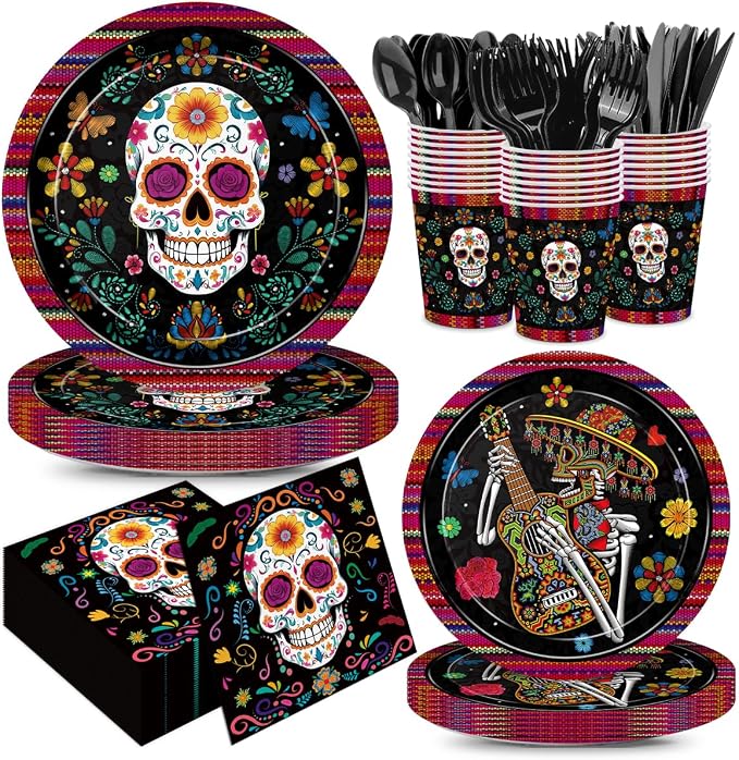 168pcs Day of the Dead Plates Napkins Mexican Dia de Los Muertos Party Supplies Sugar Skull Tableware Set Disposable Paper Cups Black Forks for Day of the Dead Party Decorations Serve 24 - skull toilet paper