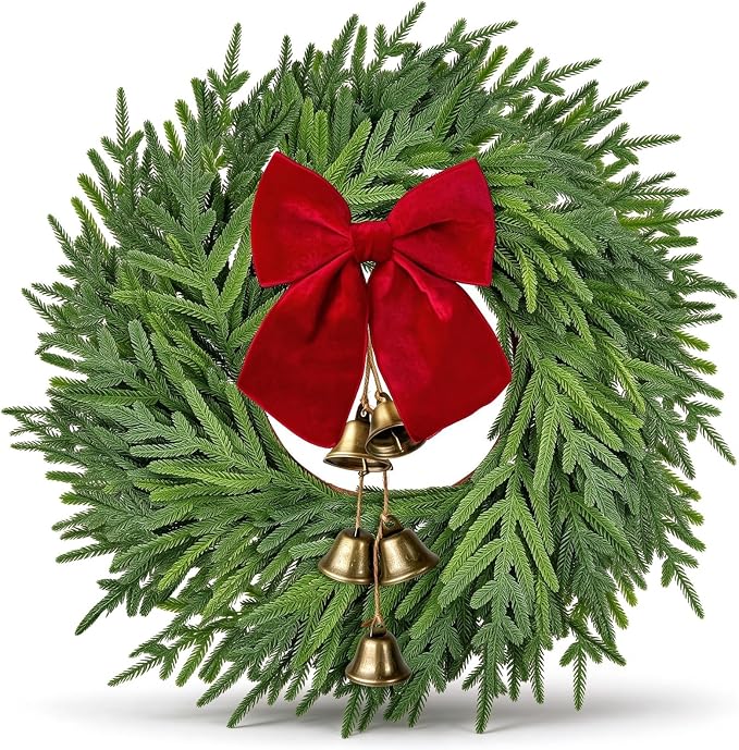 ICX 22"Christmas Norfolk Pine Wreath with Bow & Bells for Front Door Decor - skull wreath
