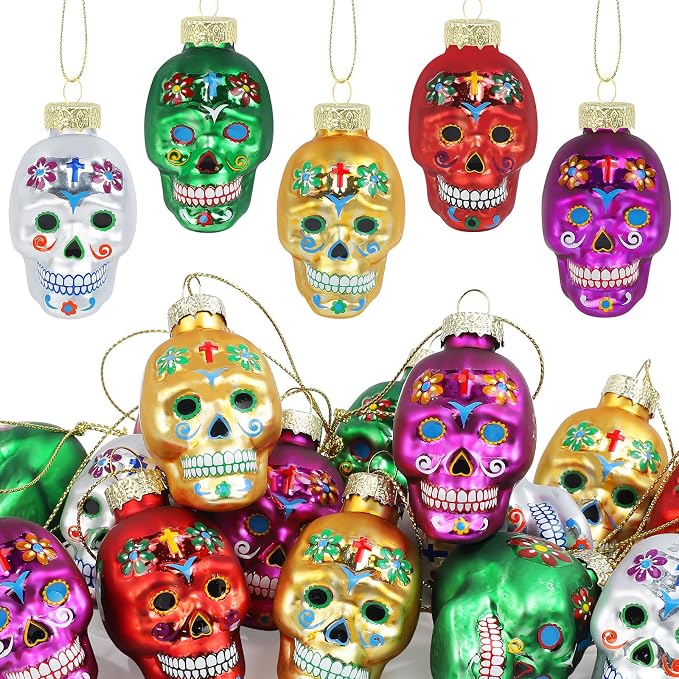 15 PCS Day of The Dead Glass Skull Ornaments Sugar Hanging Skull Heads Colorful Halloween Hanging Skeleton Head for Halloween Tree Horror Party Craft Supplies Living Room Bedroom Home Decor
