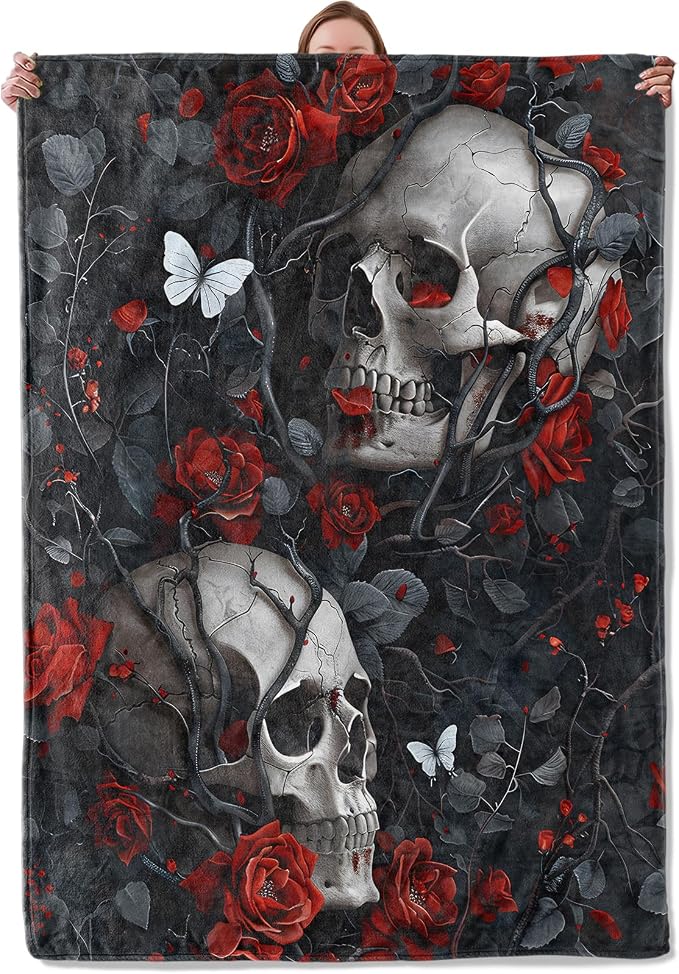 Skull Rose Gothic Blanket Gifts for Women Adults, Soft Warm Lightweight Flannel Throw Blankets for Camping Bedroom Living Room Home Sofa Travel Decor 50″ x 60″