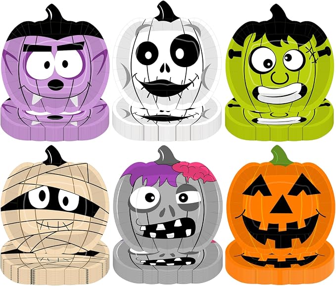 48Pcs Halloween Paper Plates, 9 Inch Disposable Pumpkin Party Dinner Plates - skull plate