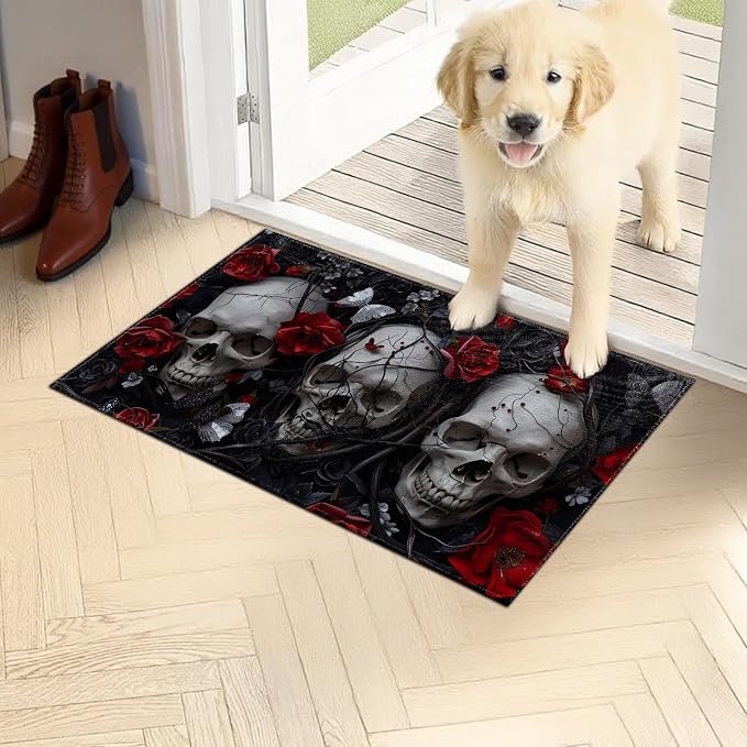 Skull Roses Doormat 17x29.5 Inch, Gothic Dark Art Indoor Door Mat, Halloween Horror Theme Non-Slip Welcome Rug Gifts for Living Room, Kitchen, Bedroom,Farmhouse Decor - skull floor mat