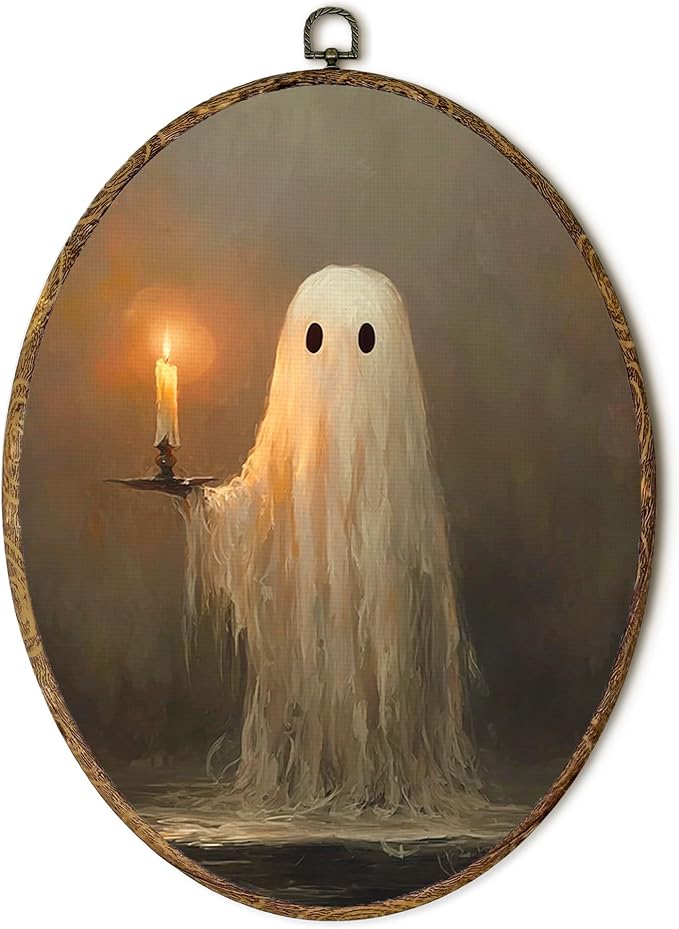 Yorhifa Halloween Ghost Framed Wall Art, Dark Academia Ghost Holding Candle Oval Wall Art, Spooky Halloween Oval Walls Decor, Vintage Gothic Canvas Artwork Hanging Decor, 8.5x11.5in - skull painting