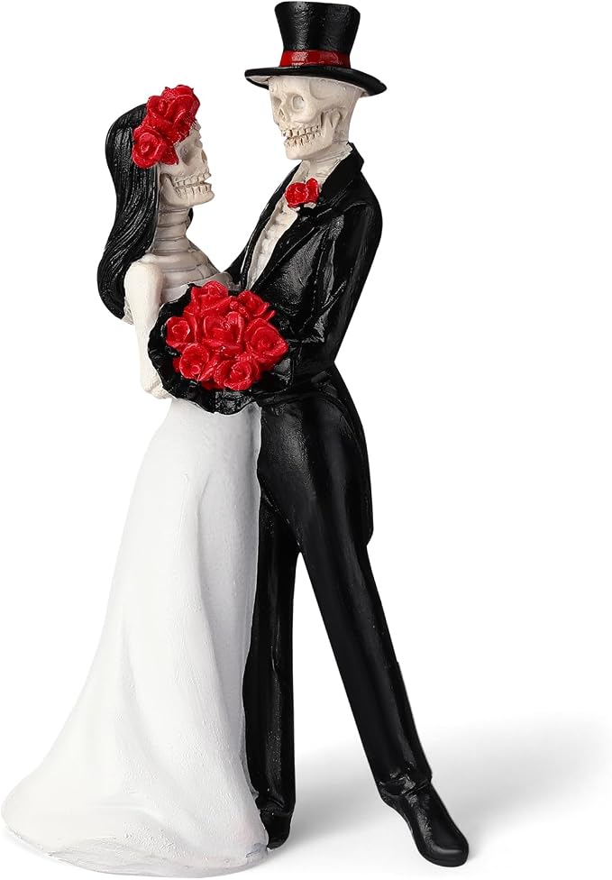 LemonRoad Day-of-the-Dead Couple Skeleton Figurines, Red Rose - skull figurine