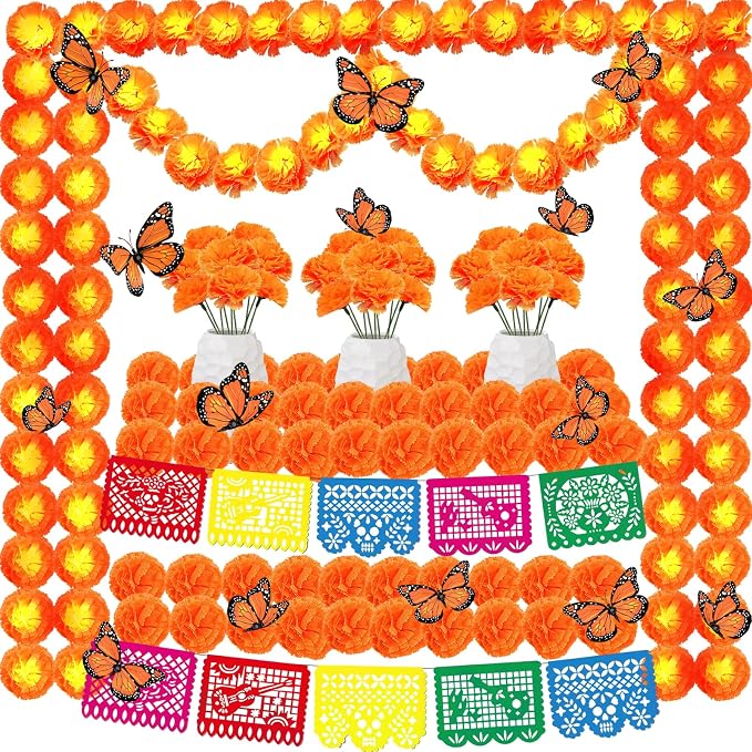 Day of The Dead Decorations,9 Mexican Banners Papel Picado,9.8ft 20Led Marigold Garland,20 Marigold Flowers with Stem,12PCS Butterfly,Dia de Los Muertos Decorations for Halloween Indian Party - skull carpet