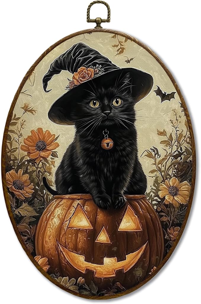 JQF Vintage Halloween Witchy Black Cat Oval Wall Art, Dark Academia Gothic Witch Pumpkin Oval Canvas Wall Art, Halloween Fall Framed Prints Hanging Decor for Home Bedroom Living Room, 8.5×11.5 Inch